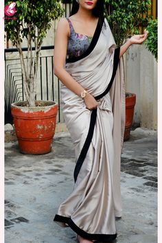 Buy Pink Fawn Black Velvet Taping Satin Saree - Sarees Online in India | Colorauction Shiny Saree, Saree Satin, Saree Pose, Desi Outfits