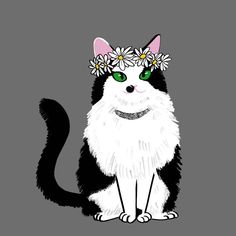 a black and white cat with flowers on its head