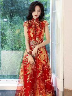 Red Cheongsam With Stand Collar For Parties, Red Embroidered Dress For Banquet, Red Ao Dai For Banquet And Festive Occasions, Red Ao Dai For Banquet, Red Ao Dai For Festive Banquet, Red Traditional Cheongsam For Evening, Traditional Red Cheongsam For Evening, Red Short Sleeve Cheongsam For Party, Red Short Sleeve Cheongsam For Wedding