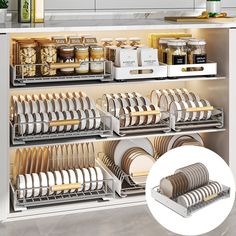 an organized kitchen with plates and cups on the shelf next to the dishwasher