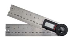 a measuring tape with a digital lcd on it's side and a ruler next to it