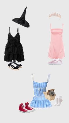 four different types of clothing and shoes on a white background