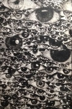 an image of many different eyes in black and white paper with water drops on it