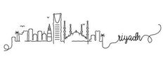 a drawing of a city skyline with words written in black ink on a white background