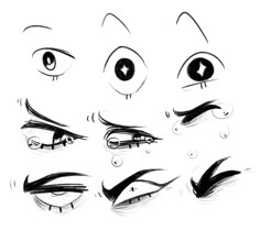 an image of different eyes drawn in black and white with the eyeliners pulled back