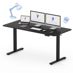 two computer screens sitting on top of a black desk