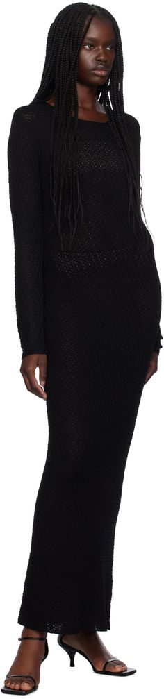 Semi-sheer crocheted stretch viscose- and nylon-blend dress. Round neck. Supplier color: Black Long Sleeve Black Maxi Dress, Long Sleeve Maxi, Maxi Dress With Sleeves, Black Long Sleeve, Long Sleeve Maxi Dress, Round Neck, Maxi Dress, Long Sleeve, Dresses