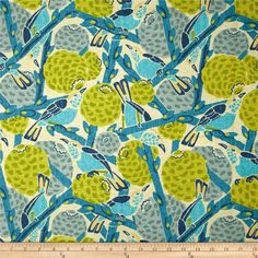 an image of a blue and yellow fabric with birds on it's back ground