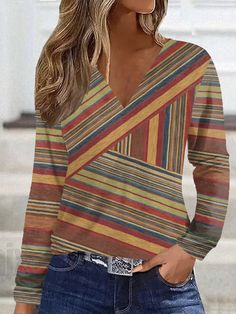 Zolucky offers stylish and concessional T-shirts.. SPU: 294VT-9IB6C4, Color: Multicolor, Style:Vintage, Activity:Daily. Retro Color Block Tops For Fall, Retro Fall Color Block Tops, Retro Multicolor Tops For Fall, Multicolor V-neck T-shirt For Fall, Retro Multicolor T-shirt For Fall, Multicolor Patchwork V-neck Top, Casual V-neck Color Block T-shirt, Multicolor V-neck T-shirt With Graphic Print, Fall Multicolor Print V-neck Blouse