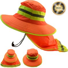 Hi Visibility Reflective Work Safety Neck Flap Boonie Hat Neon Orange Bucket Cap Condition: 100% Brand New With Tag, sealed in the bag NOTE: Color shown on the pictures might be slightly different than the real dress color due to the solution of your monitor.  Great for Sun,UV protection , Quick-drying. Great for outdoor and working in the sun. Size:  head circumference(Adjustable): 22"-24" (56-62CM);  Wide brim：3.0" (7CM);  Ear Neck Cover:length:8.5" (21CM), Wide:13.5" (33CM) Return Policy: We Real Dress, Orange Hat, Boonie Hat, Bucket Hat Design, Orange Hats, Neck Cover, Bucket Cap, Work Safety, Head Circumference