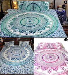 four different bedspreads with various patterns on them and the same bedding set