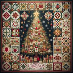 a quilted christmas tree with presents on it and the words merry christmas written in red