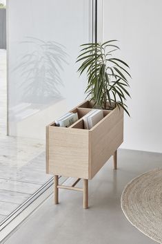 a potted plant sitting on top of a wooden stand next to a window sill