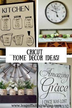 several different pictures with the words cricut home decor ideas written on them and below