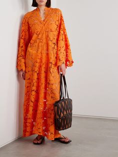 Miguelina's 'Sasha' kaftan is made from guipure lace - the flower motifs and bold orange color will fit in perfectly on your next tropical getaway. It has a plunging V-neck mirrored at the back and voluminous sleeves. Lace Caftan, Lace Kaftan, Lace Coat, Voluminous Sleeves, Flower Motifs, Cotton Kaftan, Lace Tunic, Guipure Lace, Caftan Dress