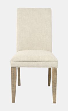 a beige upholstered chair against a white background