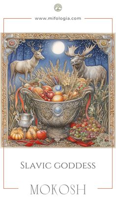 a book cover with an image of a bowl full of food and two deers in the background