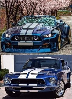 two pictures of the same car with different stripes on it's front and side