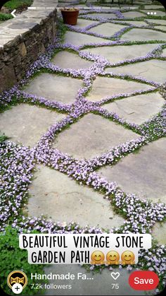 a stone path with purple flowers growing on it and a sign that says beautiful vintage stone garden path