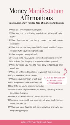 a pink and white poster with the words money manifestation affirmationss