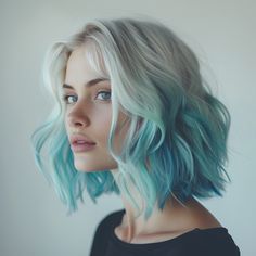 This design starts with a sleek, blunt bob on top, seamlessly transitioning into wavy, mermaid-like layers that cascade down, dyed in shades of ocean blue, turquoise, and seafoam green. The ombré effect mimics the serene colors of the ocean, blending the structured shape of a jellyfish with the fluidity and colors of the sea Ocean Colored Hair, Blonde And Periwinkle Hair, Sea Foam Hair, Short Hair Two Colors, Short Hair Styles Dyed, Ocean Blue Hair Color, Blonde And Teal Hair, Sea Blue Hair, Wavy Blue Hair