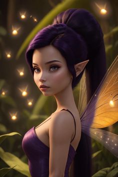 a beautiful fairy with purple hair and blue eyes