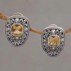 Citrine and Sterling Silver Drop Earrings with Gold Accents - Luxurious Swirls | NOVICA Balinese Style, Citrine Drop Earrings, Pearl Cocktail Ring, Ornate Design, Wristband Bracelet, Silver Signet Ring, Sterling Silver Drop Earrings, Buy Gold, Handcrafted Earrings