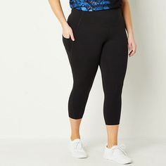 These Xersion EverUltra women's plus high-rise cropped leggings will be a new high-performing favorite for your workouts. Made from soft fabric featuring UV protection, 4-way stretch, flat seams, plus QuickDri and anti-odor technology for your comfort and more durable wear, this style also has a wide elastic waistband and two side slip pockets to hold your essentials. Style it with your favorite sports bra and tank top.Features: Quick Dry, Flat Seams, EssentialsClosure Type: Full ElasticPockets… Black Athleisure Leggings For Light Exercise, Moisture-wicking Black Tights For Light Exercise, Sporty Leggings For Light Exercise With Comfort Stretch, Black Leggings For Light Exercise, Black Sportswear Leggings For Light Exercise, Black Tights For Light Exercise, Sporty Athletic Fit Leggings For Light Exercise, Black Tight Activewear For Light Exercise, Casual Tights For Light Exercise