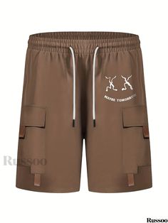 Russoo - Mens Summer Outdoor Cargo Shorts: Solid Color, Multi-Pocket Design, Elastic Waist with Drawstring for Casual Comfort Summer Cargo Shorts For Outdoor Activities With Patch Pockets, Summer Cargo Shorts With Patch Pockets For Outdoor Activities, Summer Bottoms With Patch Pockets For Outdoor Activities, Summer Outdoor Shorts With Patch Pockets, Summer Shorts With Patch Pockets For Outdoor Activities, Summer Outdoor Patch Pocket Shorts, Brown Cargo Shorts With Pockets For Summer, Brown Summer Cargo Shorts With Side Pockets, Brown Summer Cargo Shorts With Pockets