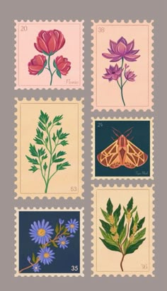 four stamps with flowers and moths on them