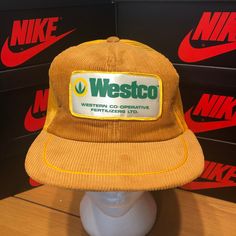 80s Westco Fertilizer Corduroy Mesh Trucker Hat - Snapback/ OSFA - Nylon/Polyester/Cotton - Made in Canada  - Foam is crumbling - Overall Great Worn Condition  - Message me for more information Retro Yellow Baseball Cap, Vintage Winter Hats For Streetwear, Retro Trucker Hat For Streetwear, Vintage Corduroy Snapback Trucker Hat, Retro Corduroy Snapback Hat, Retro Corduroy Hat For Streetwear, Retro Corduroy 5-panel Hat, Vintage Corduroy Trucker Cap, Vintage Corduroy Trucker Hat