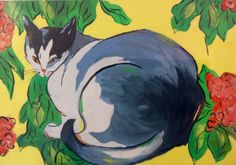 a painting of a black and white cat laying on top of flowers