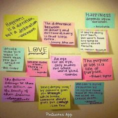 post it notes with words written on them in different colors and phrases attached to the wall