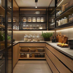 a kitchen filled with lots of wooden cupboards and open shelves next to each other