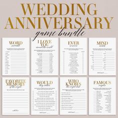 the wedding anniversary game bundle is shown with gold foil lettering and black font on it