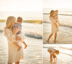 a mother and her son playing in the water at the beach during sunset or sunrise