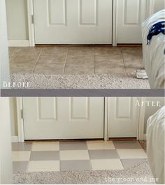 the before and after pictures of a tile floor cleaning service in an apartment room with white doors