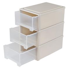 three plastic drawers stacked on top of each other