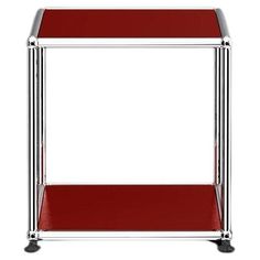 a red and chrome shelf with wheels on the bottom, against a white background photo