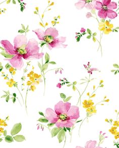 watercolor flowers on white background with green leaves and yellow flowers in the foreground