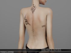 the back of a woman's body with tattoos on her neck and shoulder,