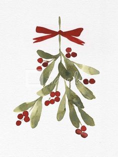 a watercolor painting of a mist plant with red berries and green leaves on it