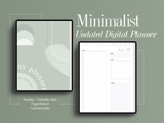 the minimalist undated digital planner is displayed next to an ipad with it's cover open