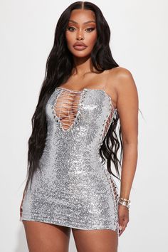 Available In Silver. Sequin Mini Dress Tube V-Neck Lace Up Detail Lined Back Zipper Stretch Self/Lining :100% Polyester Imported California Proposition 65 WARNING: Cancer and Reproductive Harm - www.P65Warnings.ca.gov. | After Party Chic Sequin Mini Dress in Silver size Small by Fashion Nova Silver Sequin Mini Dress, Club Fits, Party Inspo, Sequin Bodycon Dress, Dress Silver, Fashion Nova Dress, Xl Fashion, Denim Mini Dress, After Party