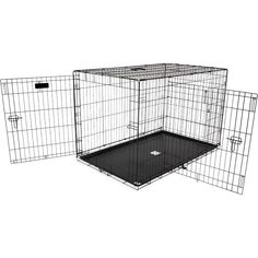 two dog cages with one open and the other closed, both are black in color