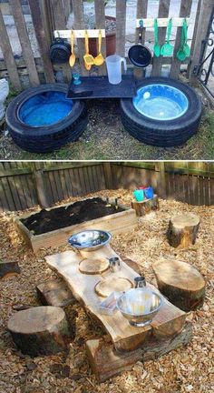 an outdoor table made out of old tires and some wood logs with plates on it