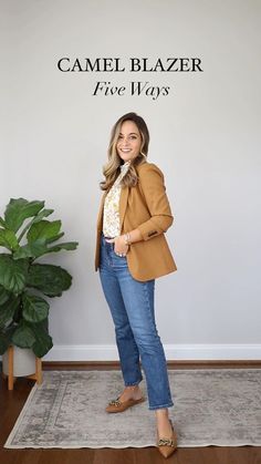 Tan Blazer Summer Outfit, Sweater And Jeans Work Outfit, Blazers Casual Women, Work Outfits Women With Blazer, Office Looks For Women Business Classy Outfit Ideas, Terracotta Blazer Outfit, Trending Blazer For Women, Caramel Blazer Outfit Women, Tan Blazer And Jeans Outfit