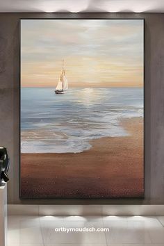 a painting of a sailboat in the ocean on a beach at sunset or sunrise