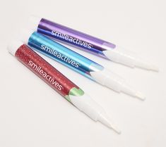 Smileactives Teeth Whitening Pens provide fast, effective, super-convenient teeth whitening -- with no need for trays or strips! The unique gel formula dries quickly onto teeth for a mess-free application. Now that's something to smile about!  How do I use it: After taking off cap, twist the opposite end until a small drop of gel is visible on the brush tip. For a brand-new pen, several twists may be required to break the seal and prime the brush. Apply a thin layer of the gel directly onto the Teeth Whitening Pen, New Pen, Oral Care, Teeth Whitening, Pen, Twist, How To Apply