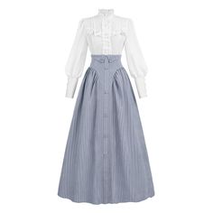 PRICES MAY VARY. 2 Piece Victorian Dress Set - The 1800s Edwardian Costume set contains a white Edwaidian blouse and a vintage skirt. The suit saves you the trouble of matching. You can also try different combinations of this blouse or skirt with your other clothes. Features - The Victorian blouse is designed with a ruffled collar and buttoned cuffs, and the fit waist perfectly shows off your figure. Also, the vintage blouse is dotted with ruffles on the front. The Renaissance skirt adopts a classic A-line and high waist design, and is decorated with buttons in the middle, which is elegant yet solemn. We also made two pockets for the skirt, which is very convenient and practical. Fabric - The 1800s Edwardian dress is made of polyester-cotton blend fabric. Comfotable and breathable flowy lo 1910s Womens Fashion, Old Time Dresses, Victorian Women Fashion, Victorian Clothing Women, Renfaire Outfit, Medieval Outfits, 1800s Dresses, Edwardian Costumes, Victorian Skirt